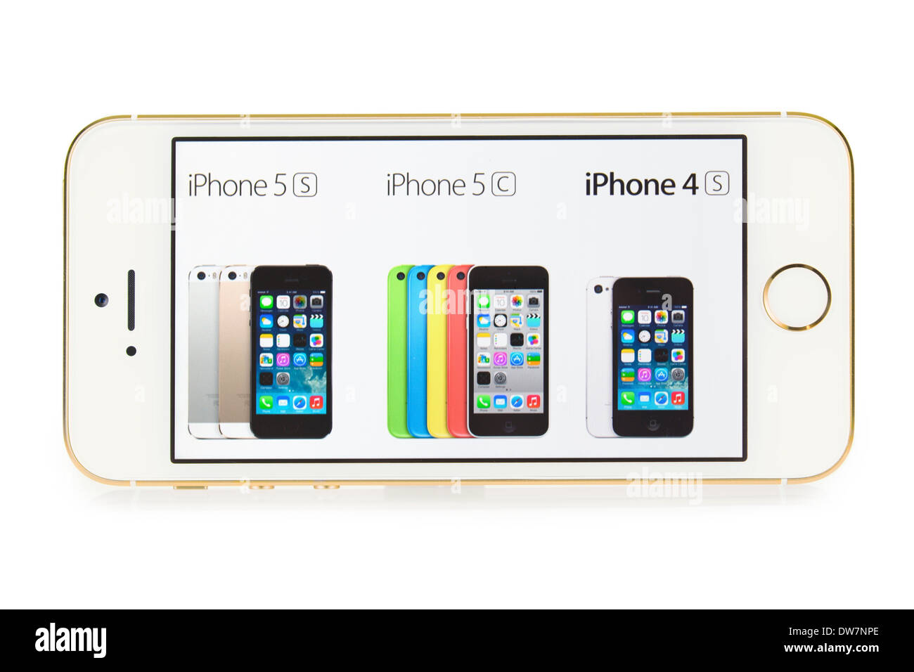 iPhone 5S, White Gold Champagne Color, with selection of iPhones 5S 5C and 4S on screen, iPhone 5 S Stock Photo