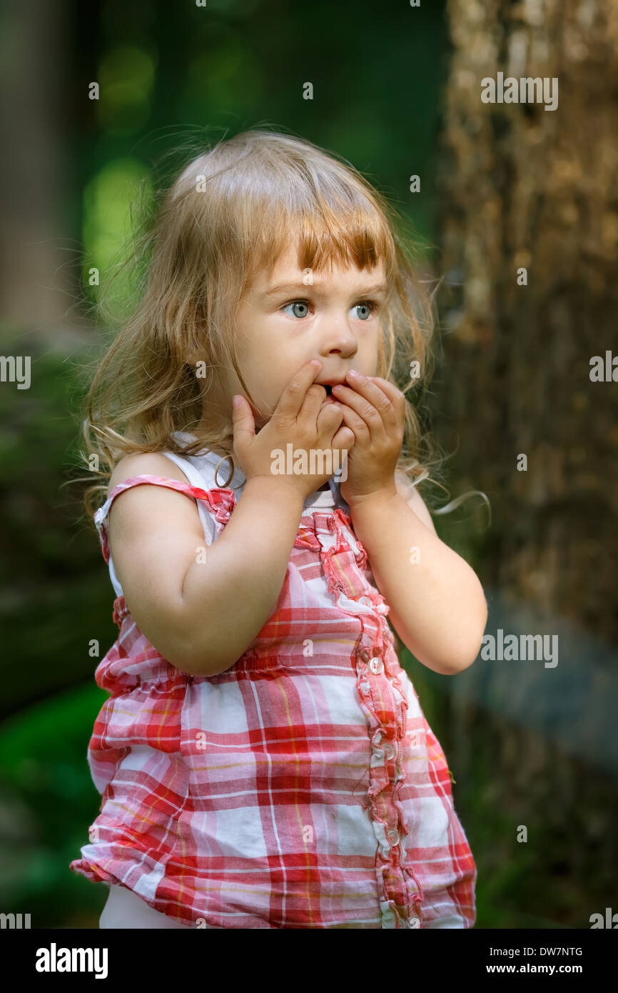Little girl in the forest Stock Photo - Alamy