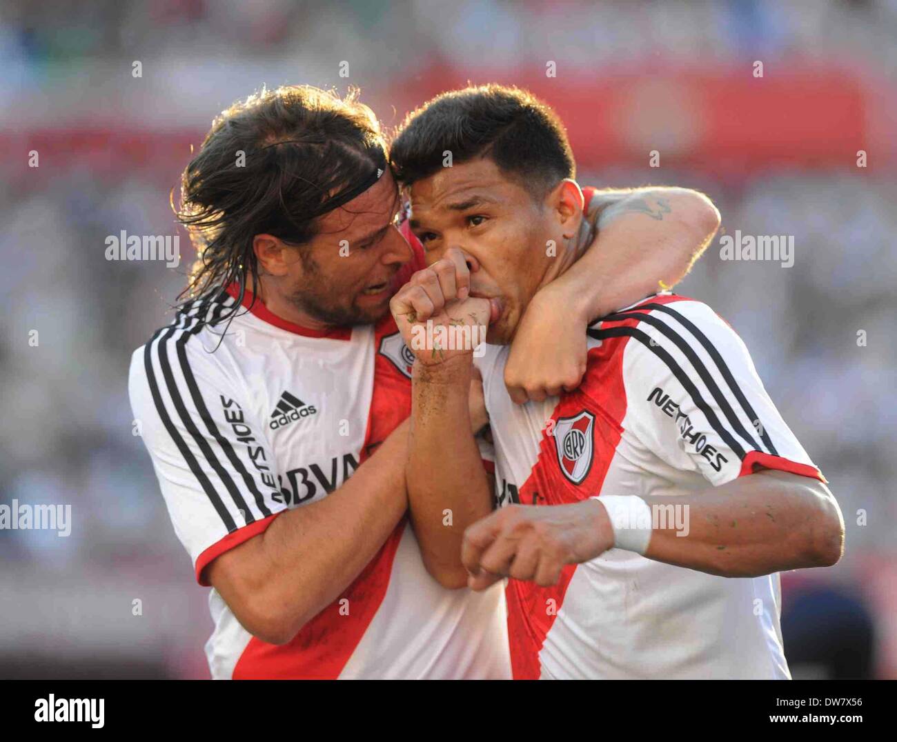 Buenos Aires, Argentina. 2nd Mar, 2014. Teofilo Gutierrez (R) of River Plate celebrates with his teammate Fernando Cavenaghi (L) during their match of the Final Tournament against San Lorenzo, held at Monumental Stadium, in Buenos Aires, Argentina, on March 2, 2014. Credit:  Maximiliano Luna/TELAM/Xinhua/Alamy Live News Stock Photo