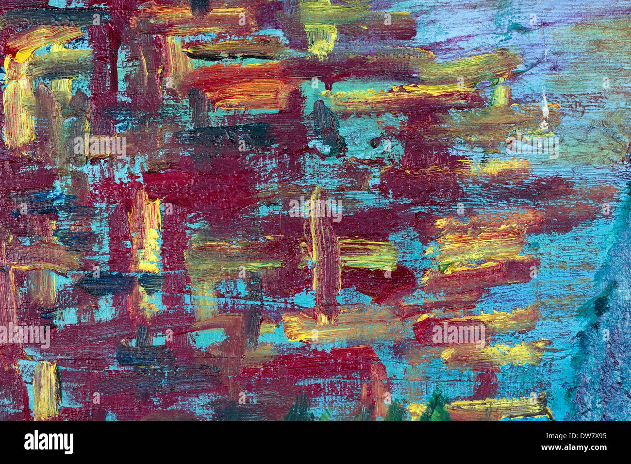 Abstract oil paints on canvas. Broad brush strokes of red paint on a blue background. Handmade art closeup Stock Photo