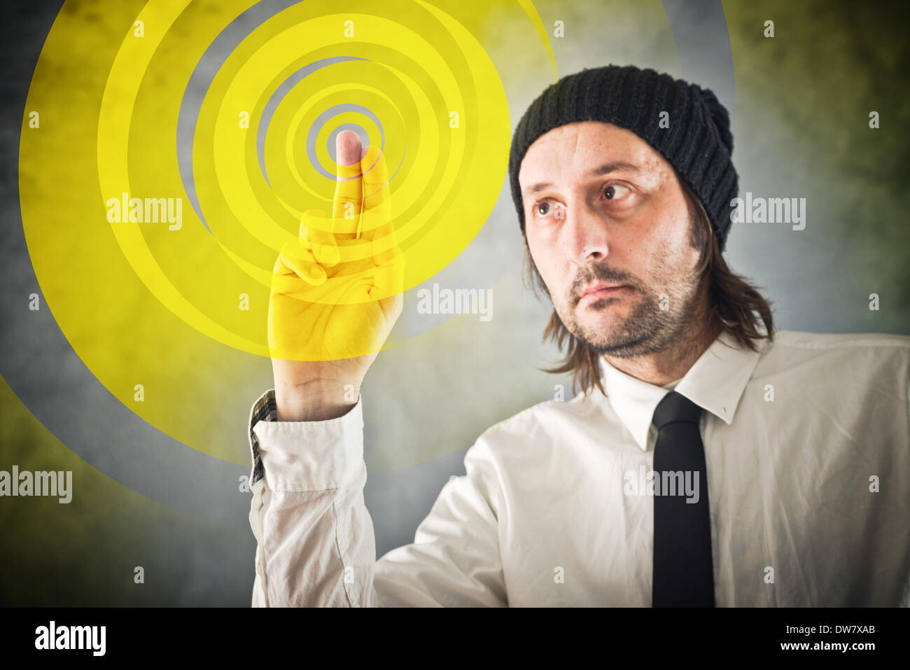 Graphic designer pressing touch screen button and starting creative process Stock Photo