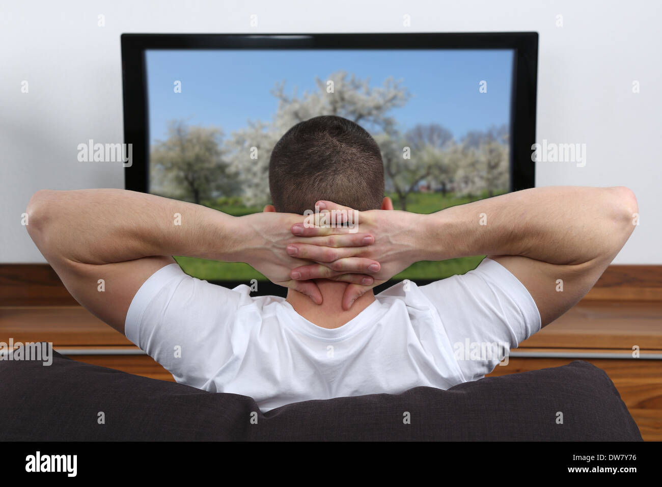 Young man sitting on a sofa and watching tv Stock Photo