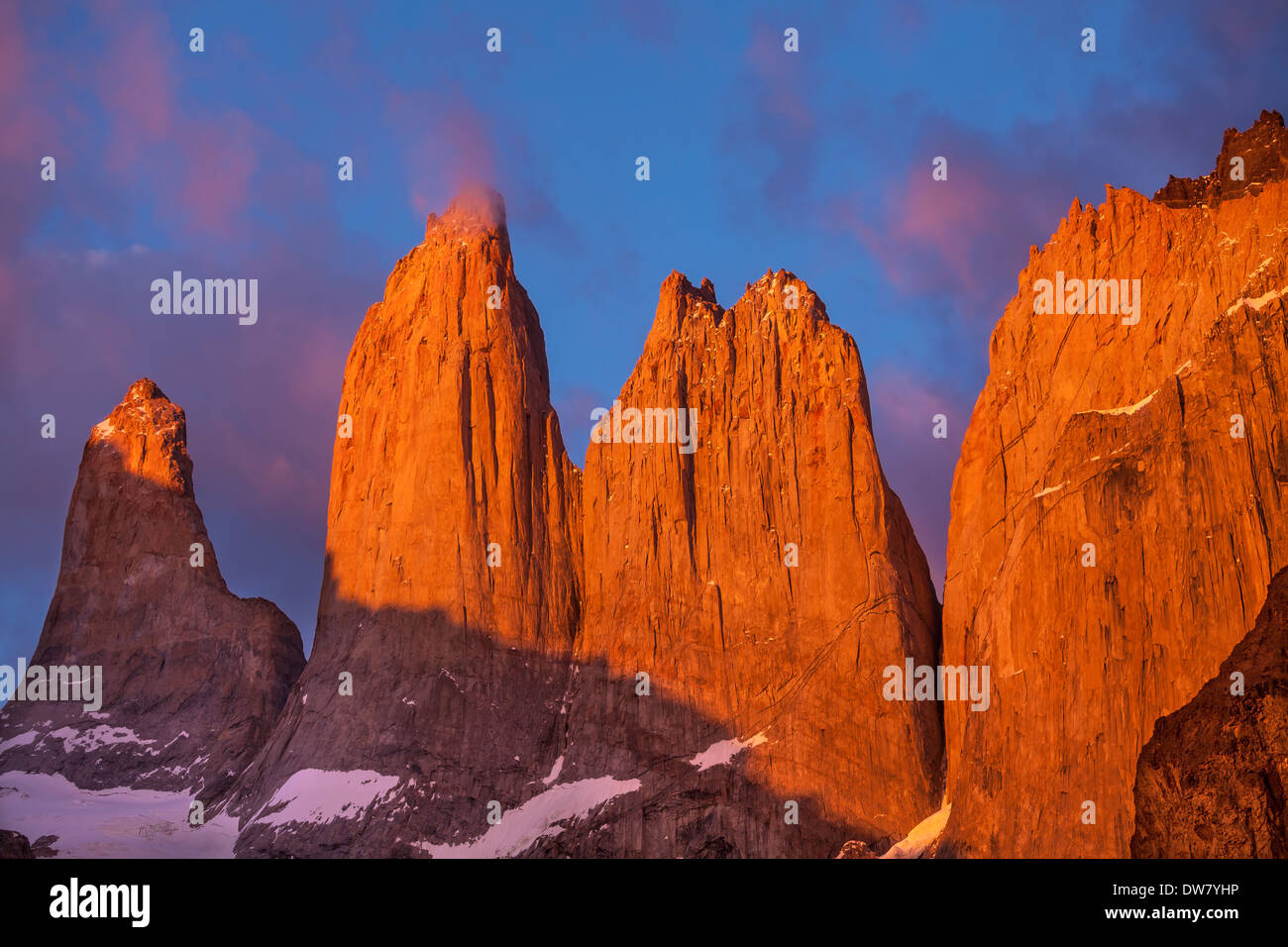 Towers at sunrise, Torres del Paine National Park, Patagonia, Chile Stock Photo