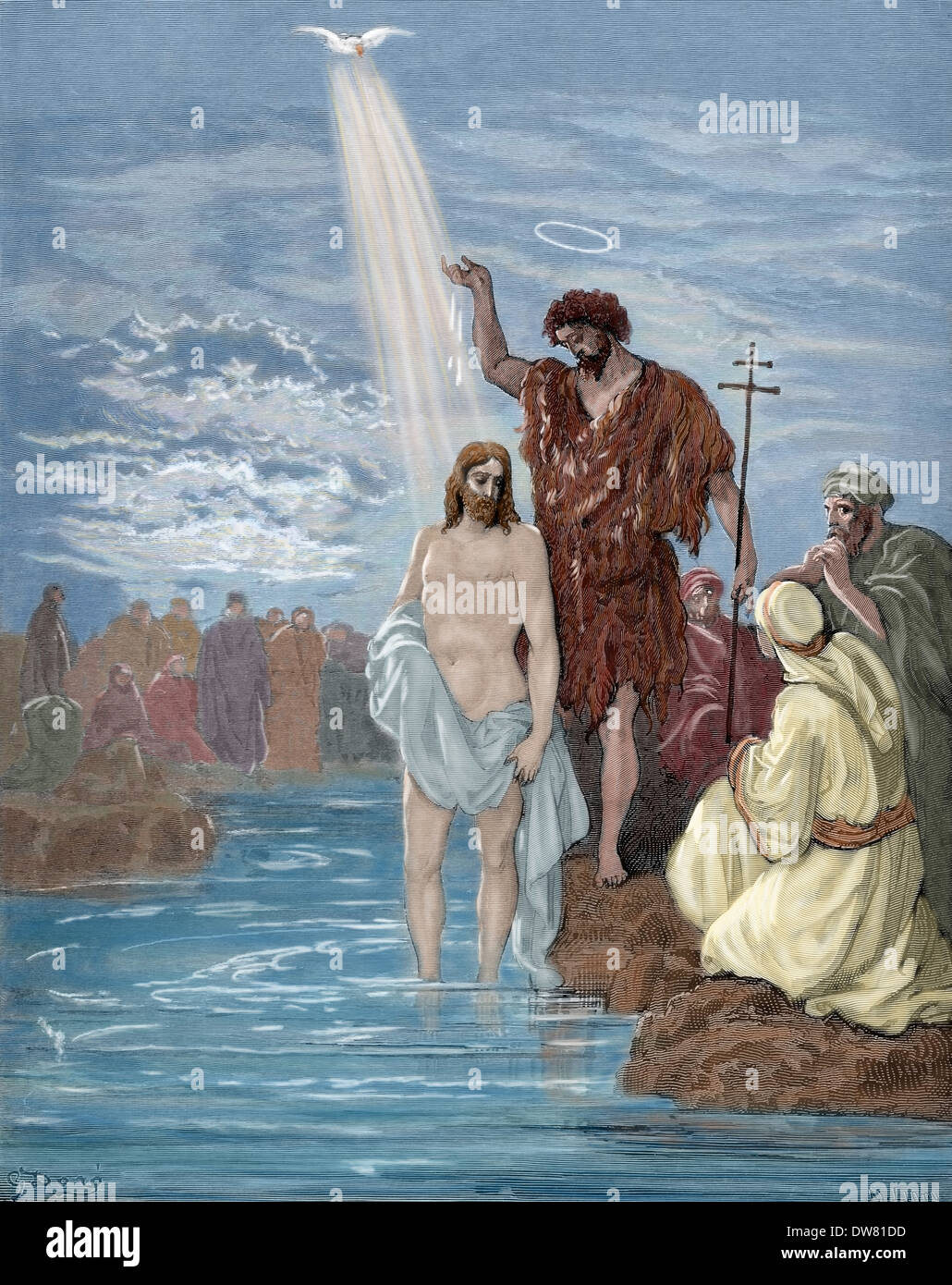 New Testament. Gospel of Matthew. Chapter III. Baptism of Jesus. Gustave Dore's drawing. Engraving by Ligny. Colored. Stock Photo