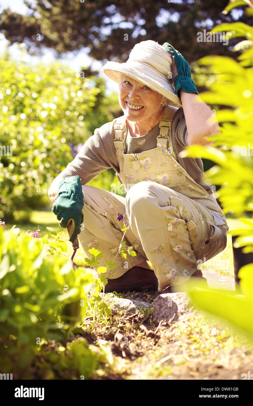 Happy older woman gardening in backyard looking at camera smiling Stock Photo