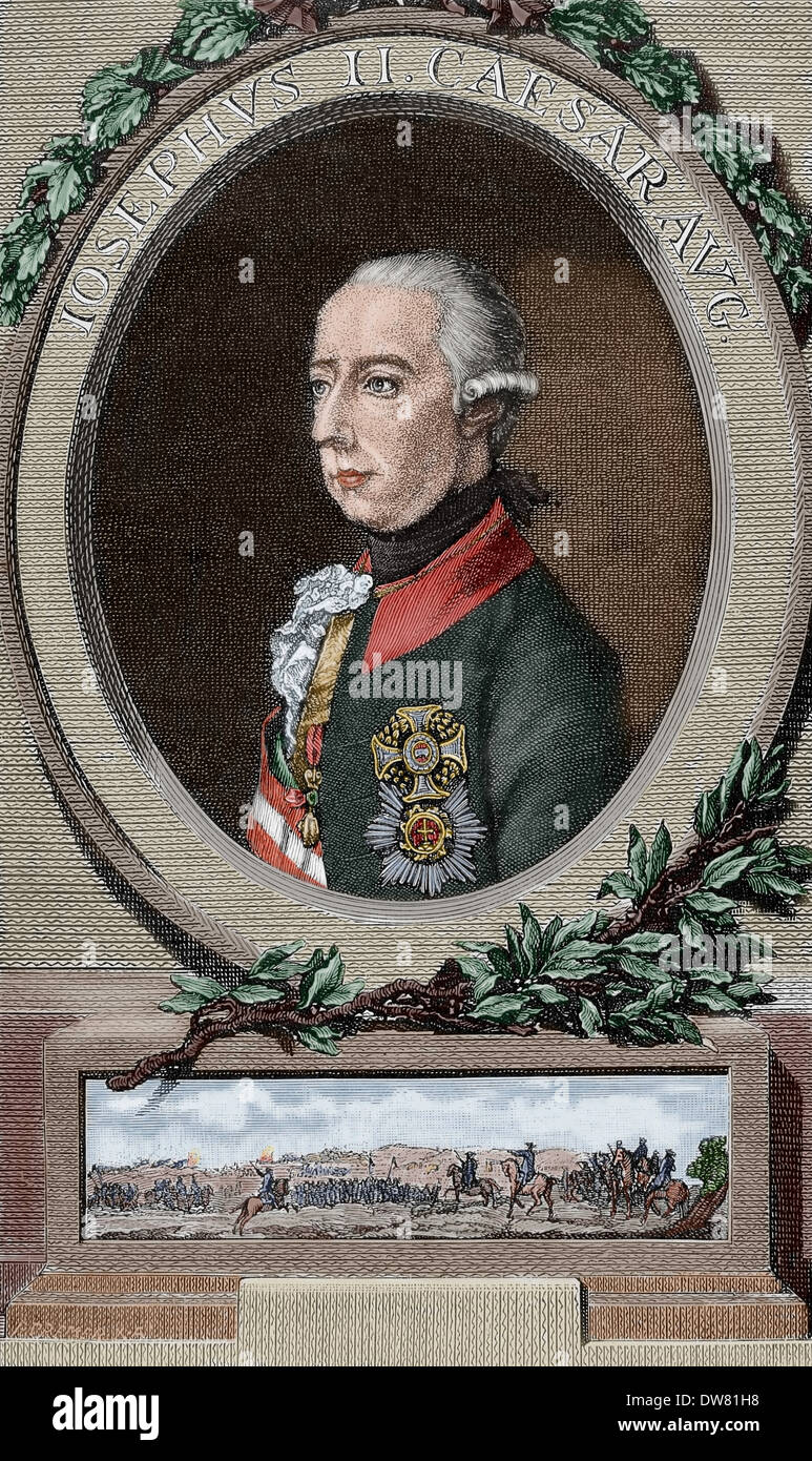 Joseph II (1741-1790). Holy Roman Emperor. Portrait after a copper engraving by J. Adam. The Universal History, 1885. Colored. Stock Photo