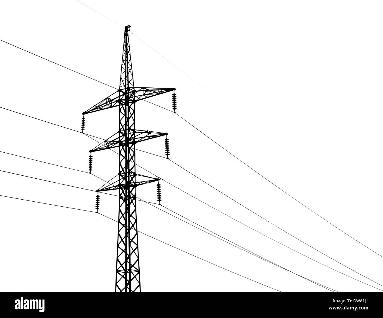 High voltage power lines and metal pylon isolated on white Stock Photo
