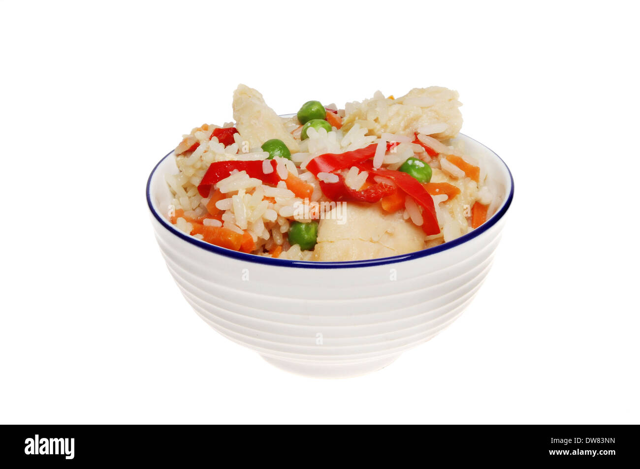 Chinese chicken with vegetable rice in a bowl isolated against white Stock Photo