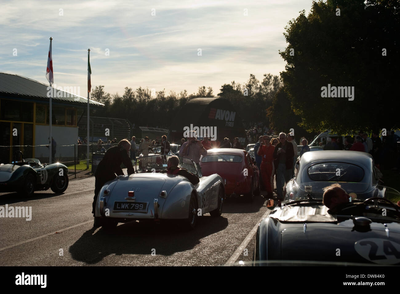 Fifties sports cars in the assembly area before taking to the track at Castle Combe, Wiltshire, England, UK. Stock Photo