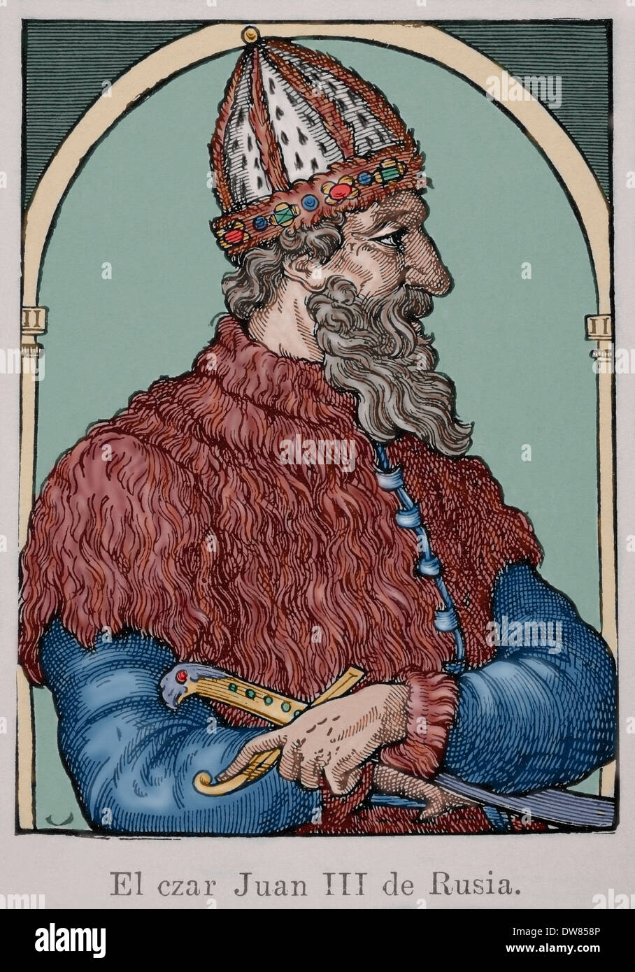 Ivan III of Russia (1440-1505). Grand Prince of Moscow. Engraving of an unknown author. Colored. Stock Photo