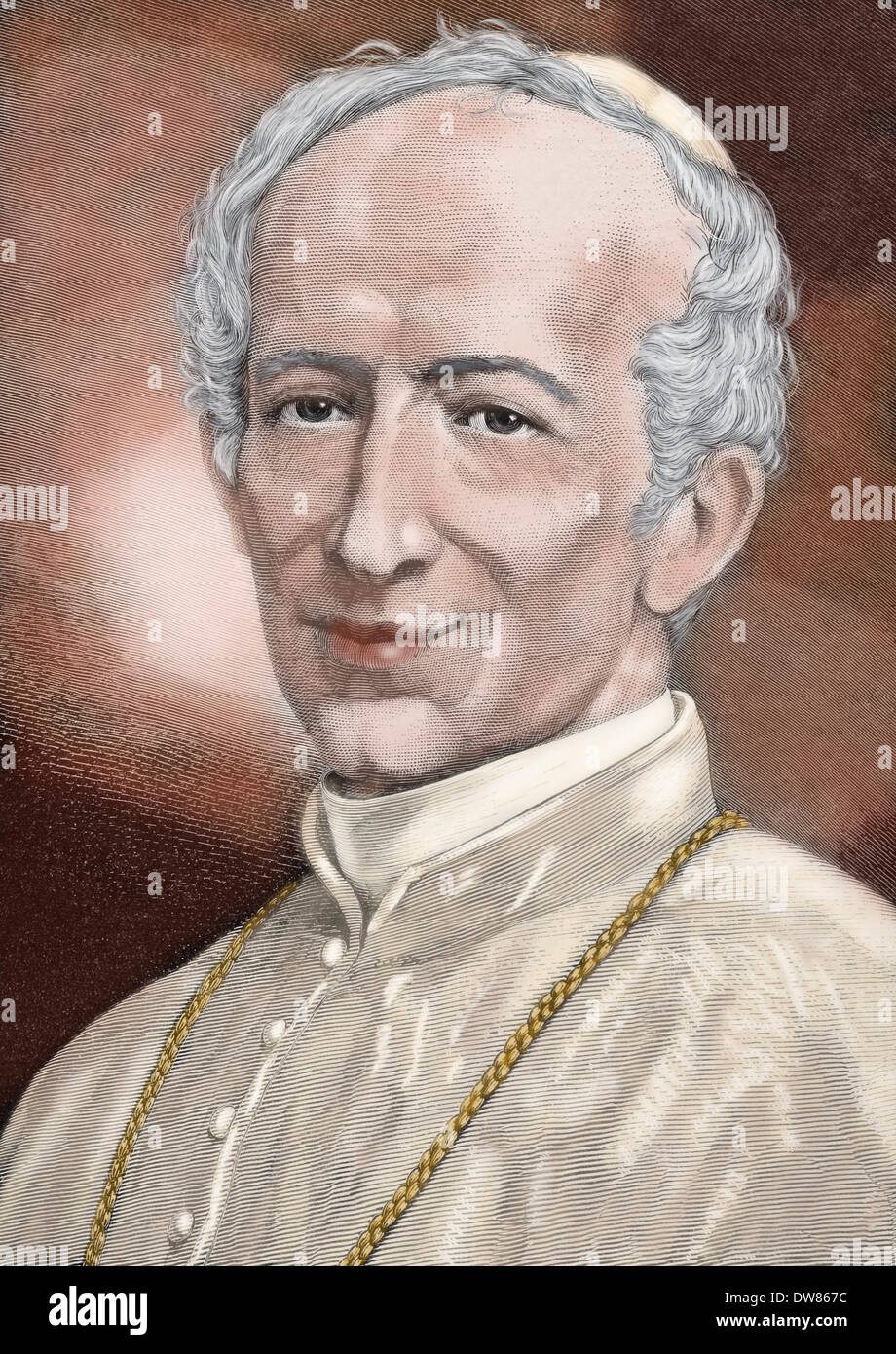 Leo XIII (1810-1903). Italian Pope (1878-1903), named Vincenzo Gioacchino Pecci.  Engraving. Colored. Stock Photo