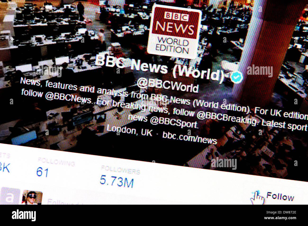 Computer screen shot: Twitter profile - BBC World News (March 2014) Stock Photo