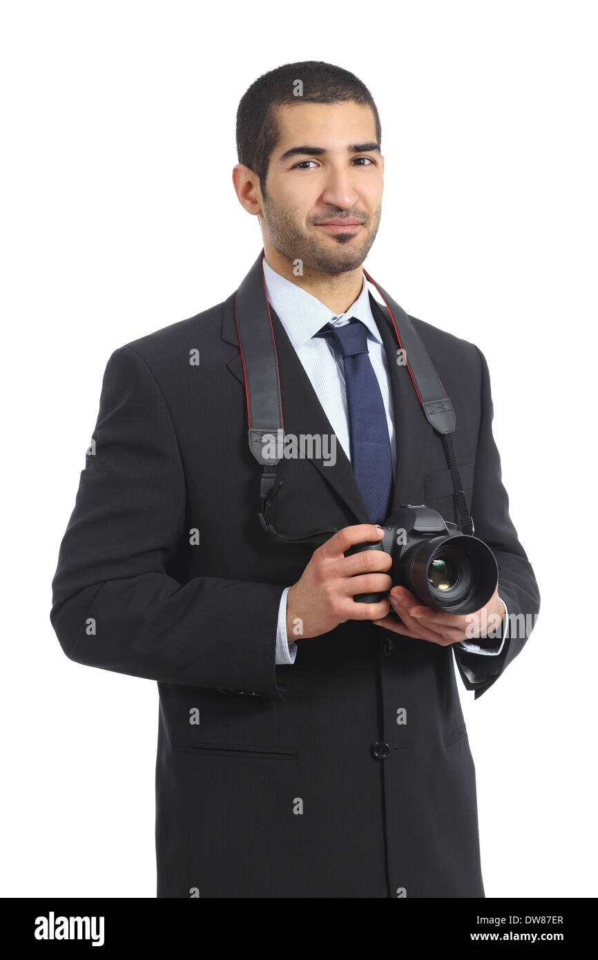 Arab professional photographer holding a dslr digital camera isolated
