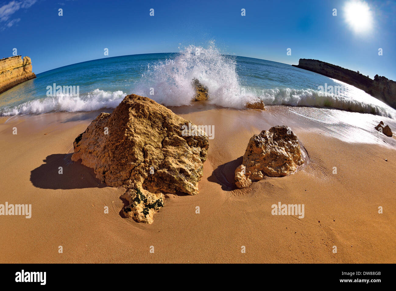 Portugal, Algarve: Waves and rocks at beach Prainha Stock Photo