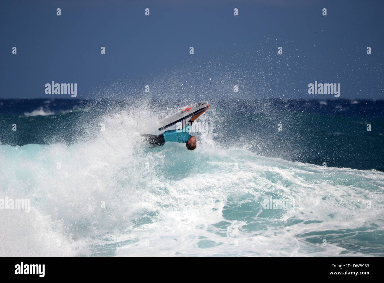 Body boarder cutting back on the waves of Sandy Beach, East Oahu, Hawaii, USA Stock Photo