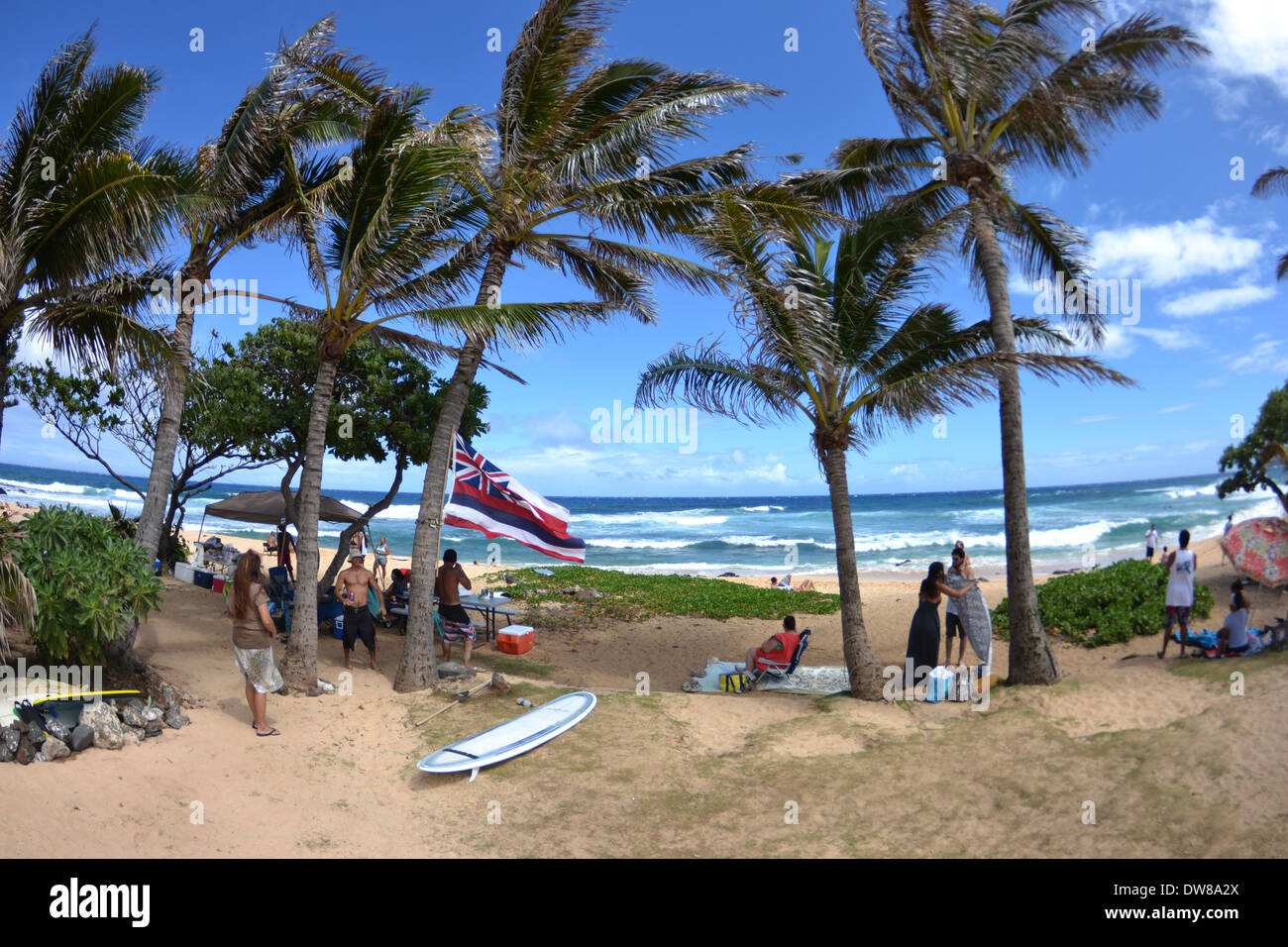 Family gathering on Sandy Beach, East Oahu, Hawaii, USA Stock Photo