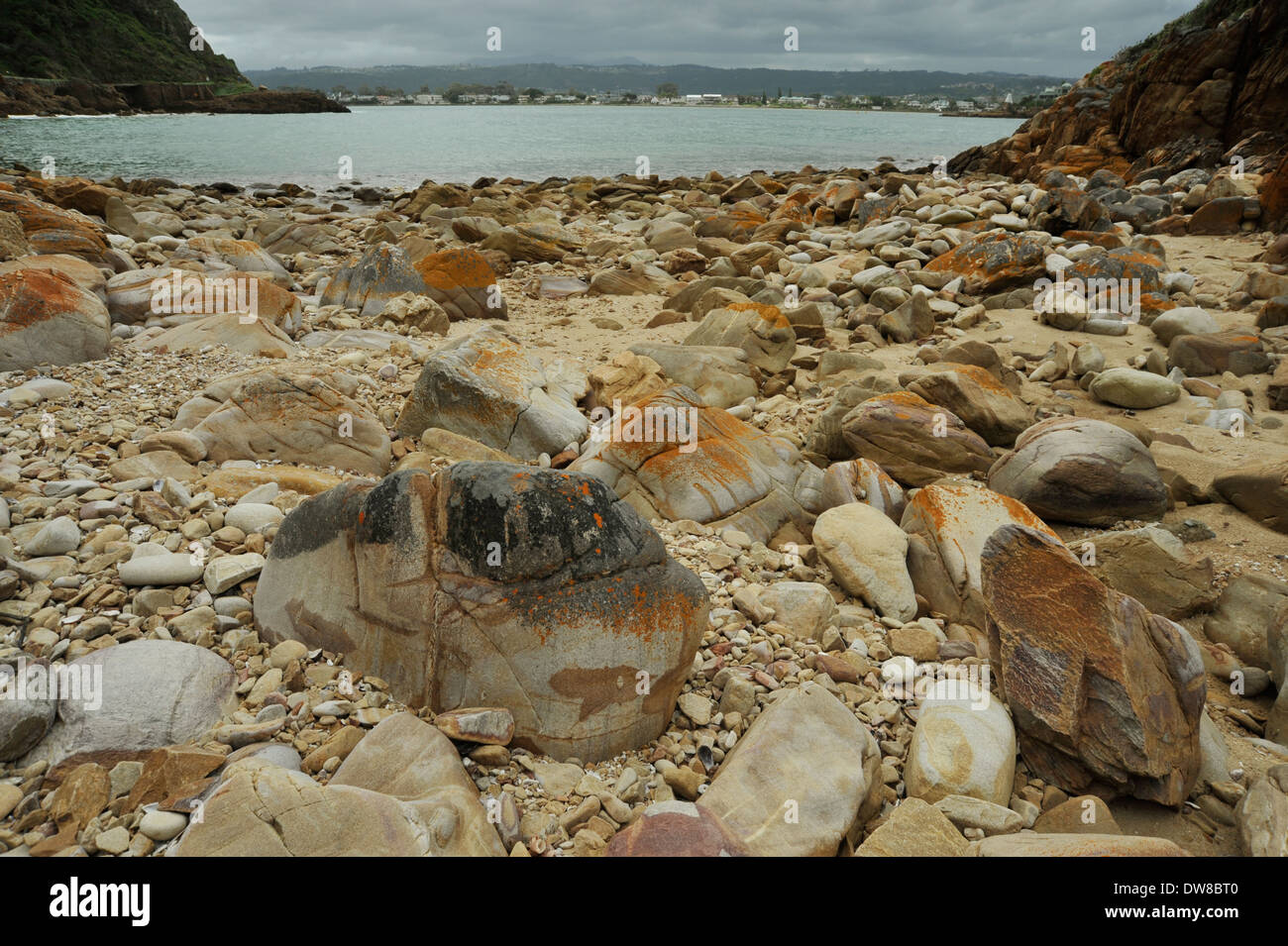 Knysna, Western Cape, South Africa, Knysna Lagoon over rocky beach, Thessen Island in background, beach, landscape, Featherbed nature reserve Stock Photo