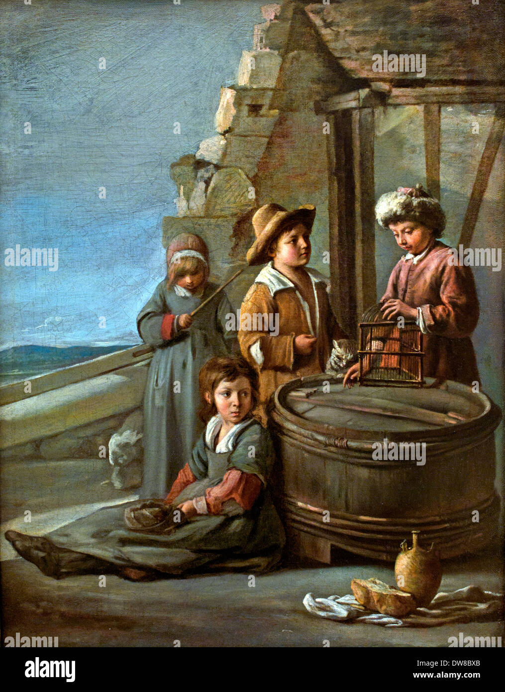 Children with birdcage and cat 1649 Lous Le Nain 1600-1648  France French Stock Photo