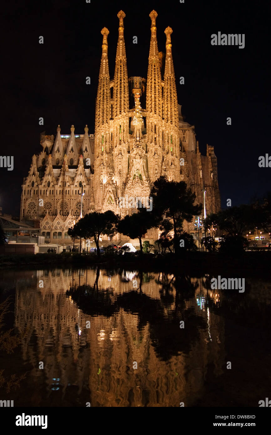 Sagrada Familia reflected on a pond, Barcelona. Stock Photo