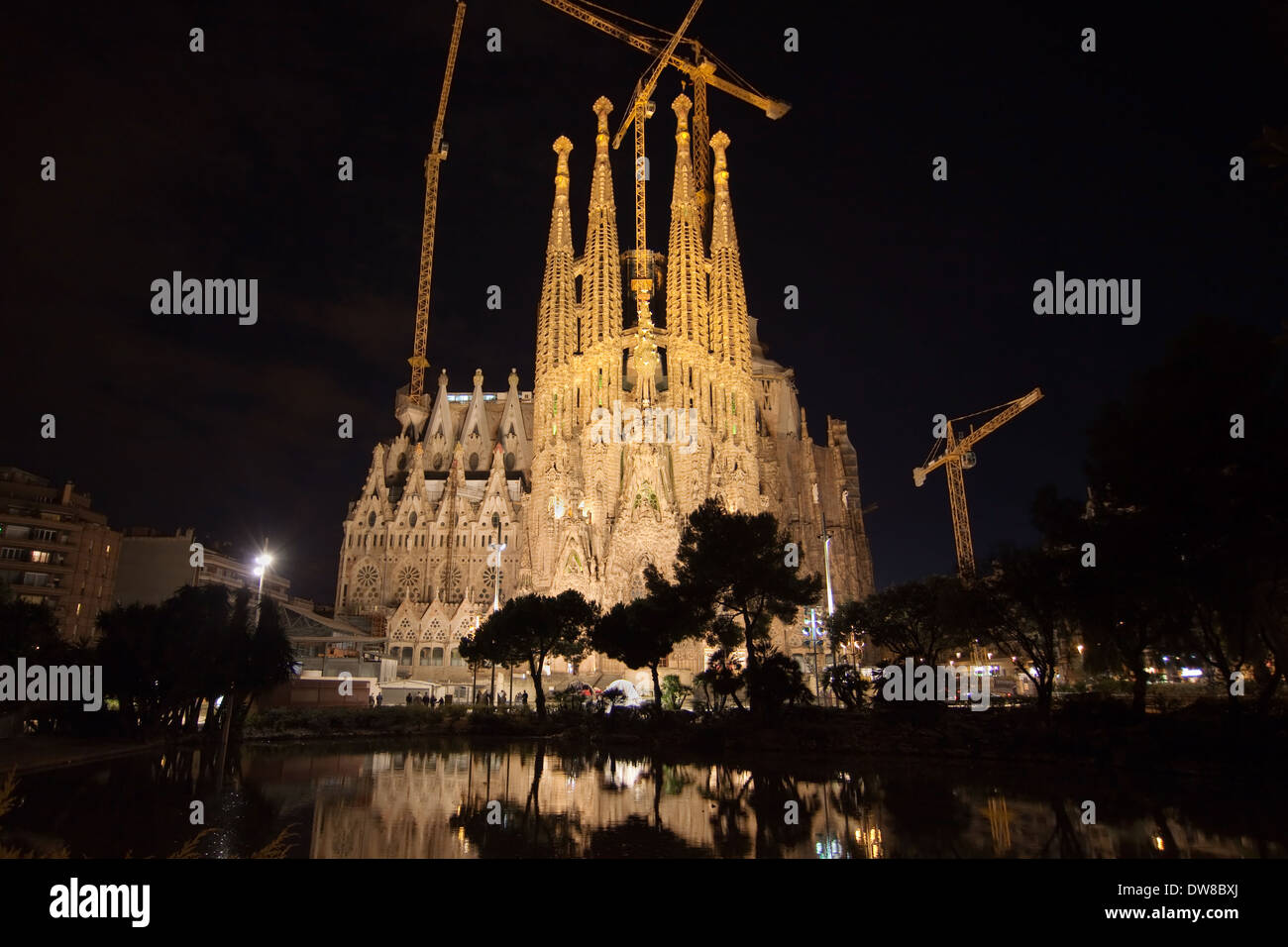 Basilica of La Sagrada Familia at night in Barcelona. Stock Photo