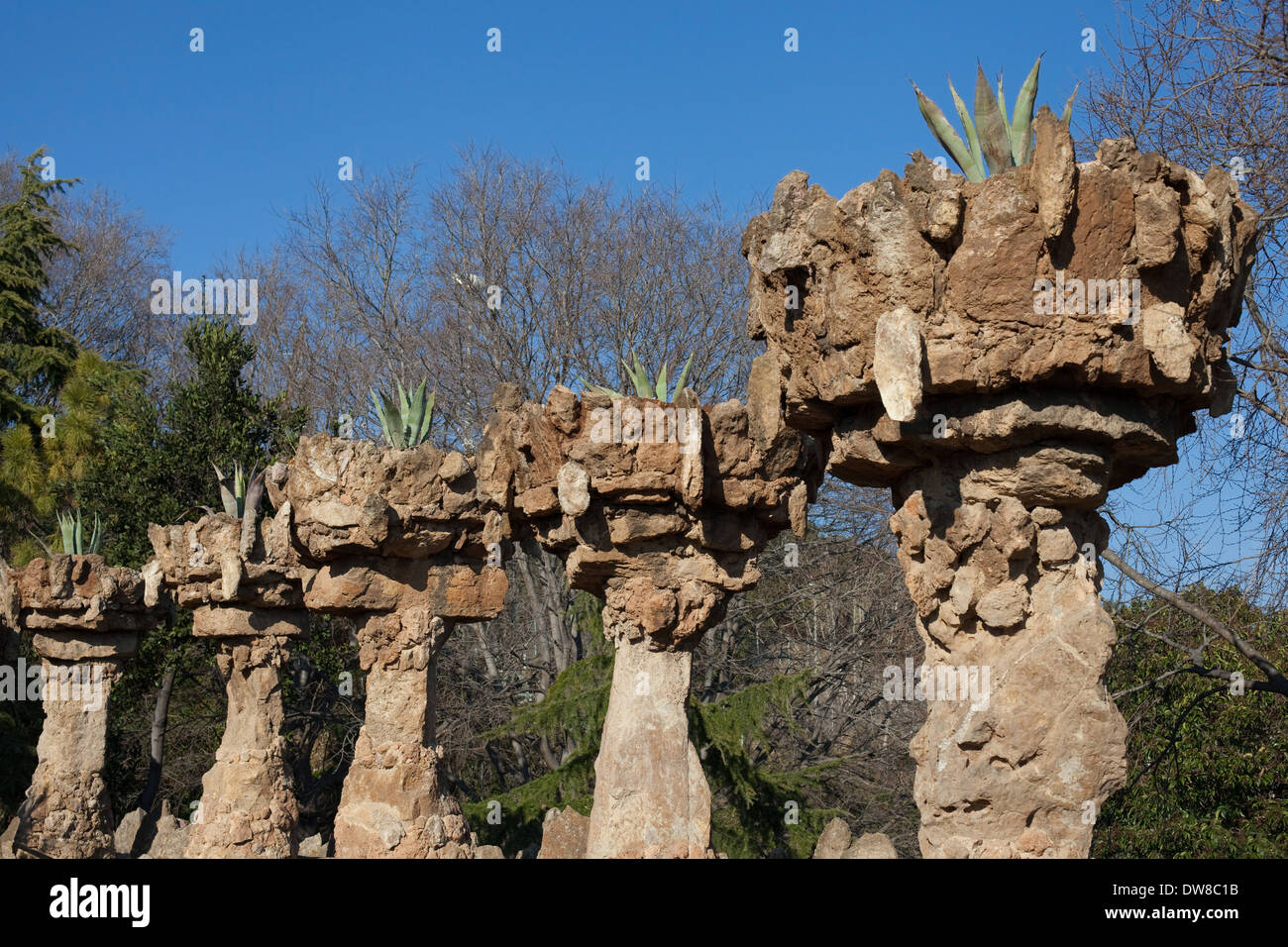 Planters of the Jardinieres Viaduct (Viaducte de les Jardineres) of the Park Guell, Barcelona, Catalonia. Stock Photo