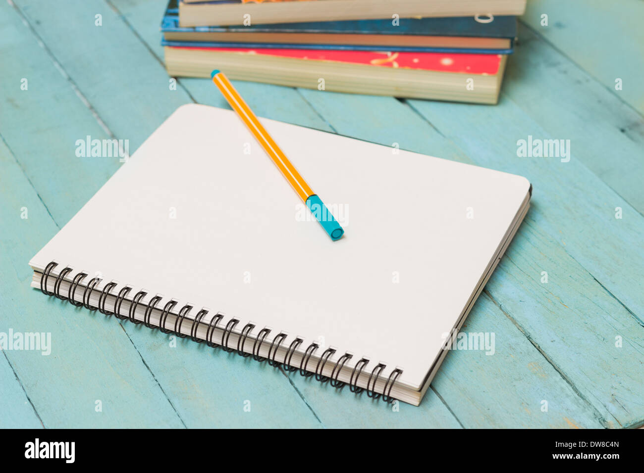 Ring binder (notebook) and a pen, close-up Stock Photo