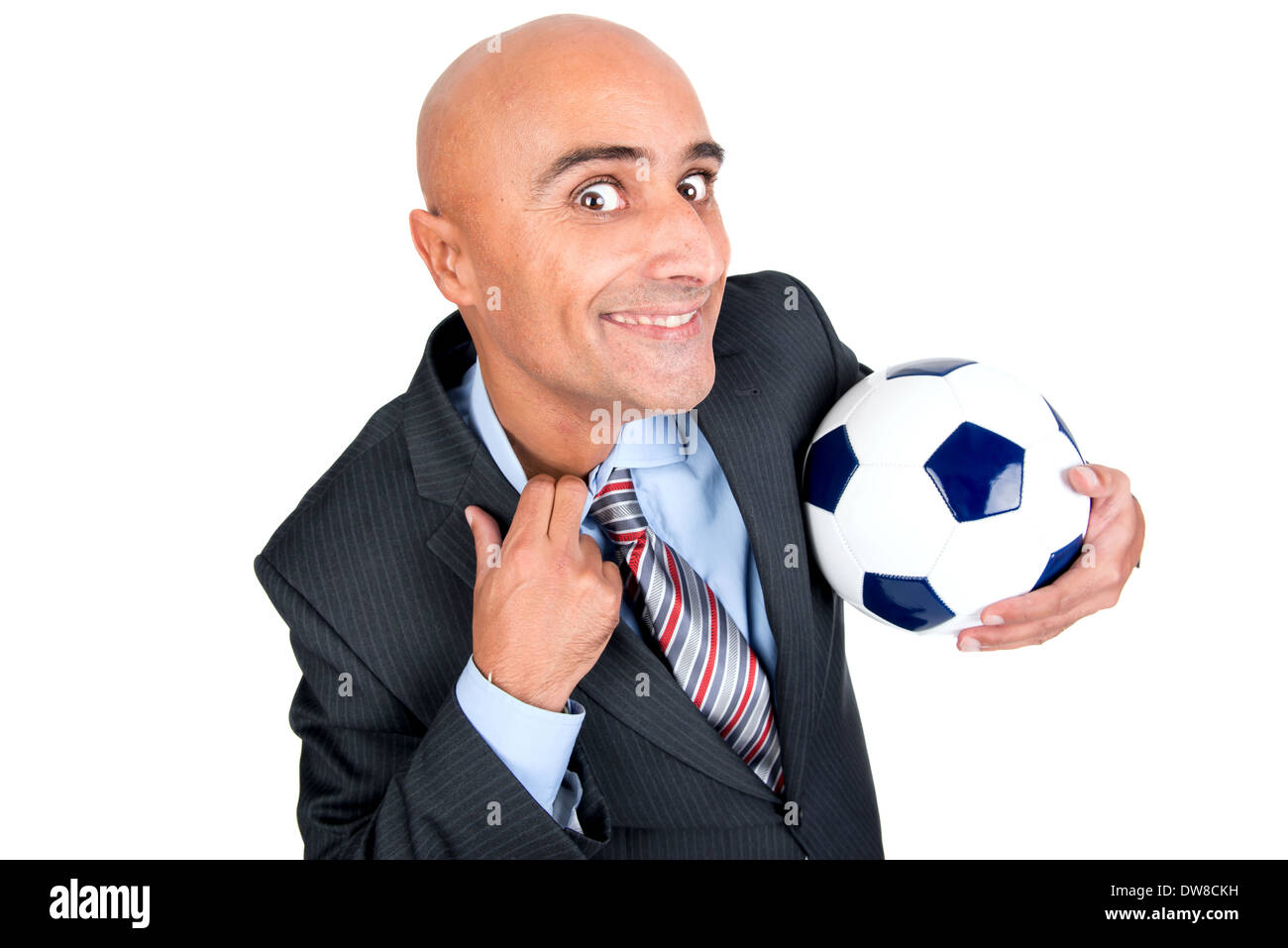 Happy businessman with football ball isolated in white Stock Photo - Alamy