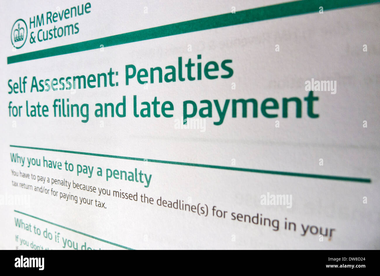Penalty notice from HM Revenue and Customs for late submission of self assessment tax return. Stock Photo