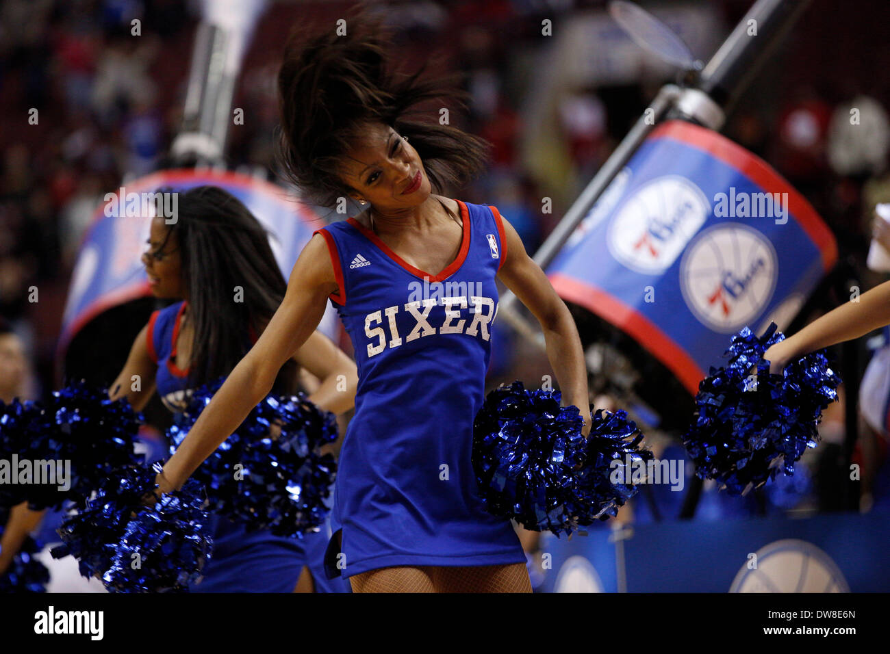 March 1, 2014: Philadelphia 76ers Dream Team performs during the NBA game between the Washington Wizards and the Philadelphia 76ers at the Wells Fargo Center in Philadelphia, Pennsylvania. The Wizards won 122-103. (Christopher Szagola/Cal Sport Media) Stock Photo