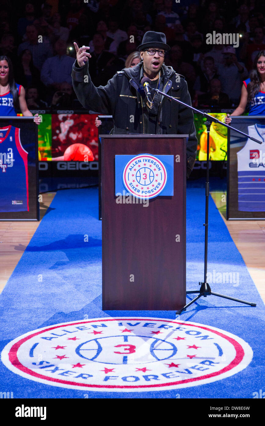 March 1, 2014: Former 76ers Allen Iverson talks during his jersey  retirement ceremony at the NBA game between the Washington Wizards and the  Philadelphia 76ers at the Wells Fargo Center in Philadelphia,