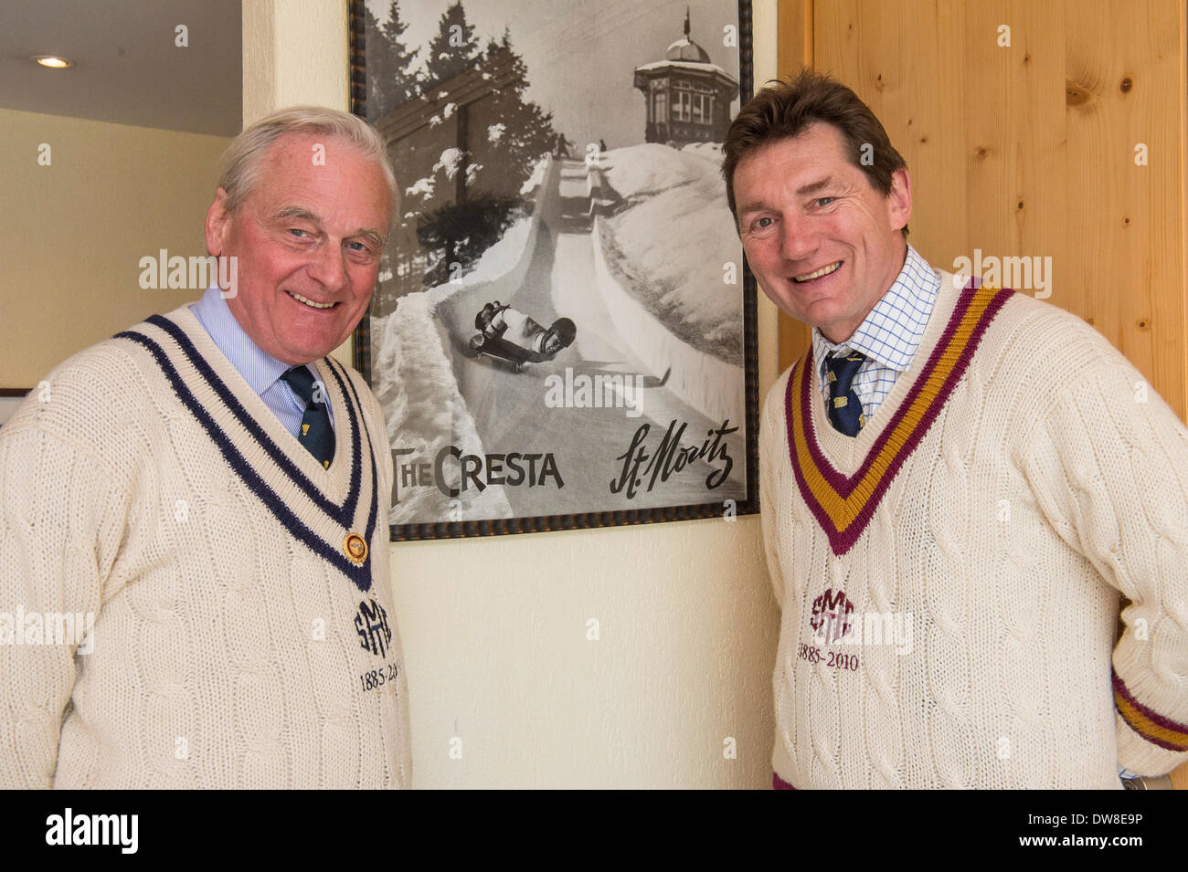 Cresta Club President (2009-2014) Sir Brian Williamson (left) with new elected President James Sunley (from May st 2014) in Sunny Bar Hotel Kulm St.Moritz on Sunday March 2, 2014 PhotoCredit: fotoSwiss.com/cattaneo/picture alliance Stock Photo