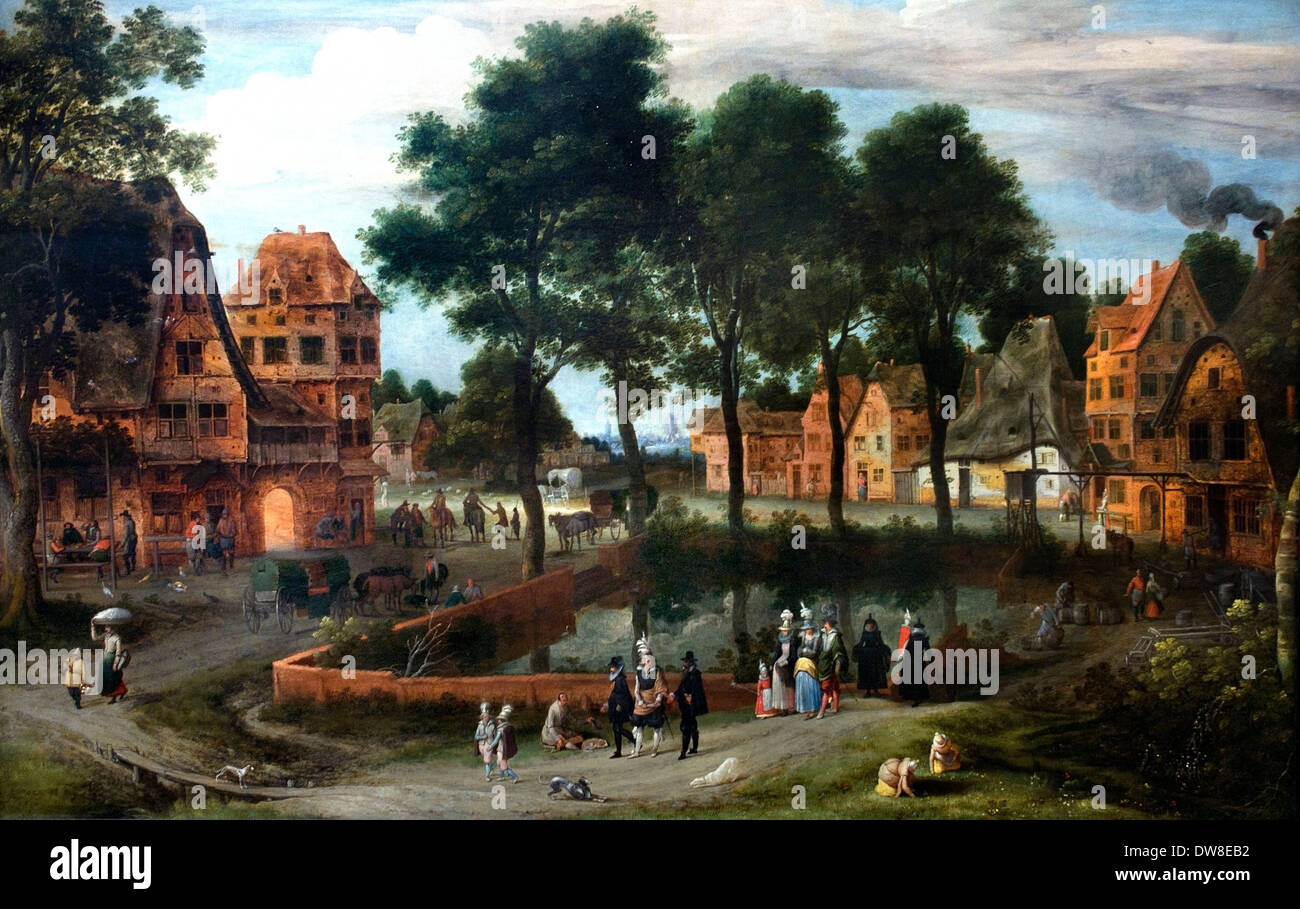 A village square with urban visitors 1614 Adriaan-  Adriaen van Stalbemt (1580–1662) Flemish painter and draughtsman  Belgian Belgium Stock Photo