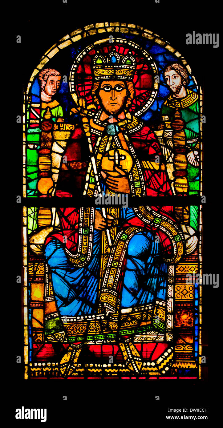 Enthroned Emperor 12th Century Cathedral Strasbourg Stained glass window  France French Stock Photo