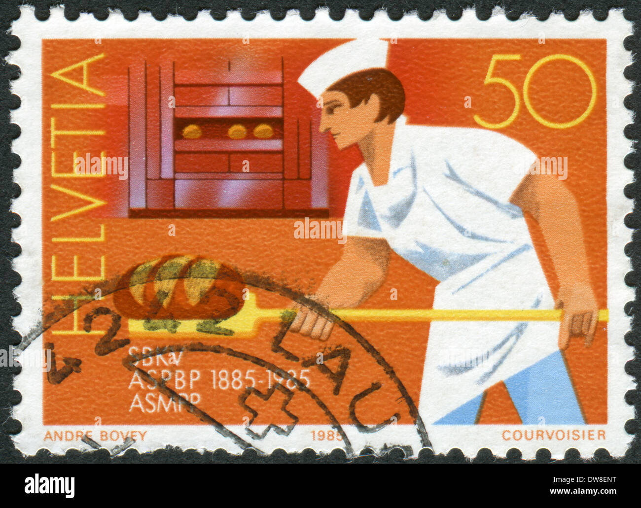 Postage stamp printed in Switzerland, dedicated to Centenary Confectioners Federation, Bern, shows Swiss Master Bakers Stock Photo