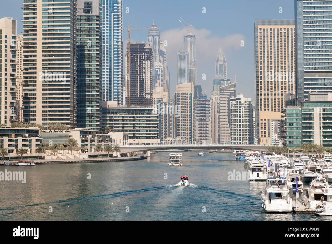 Dubai Marina, boats, modern skyscrapers and Dubai skyline, Dubai, UAE, United Arab Emirates, Middle East Stock Photo