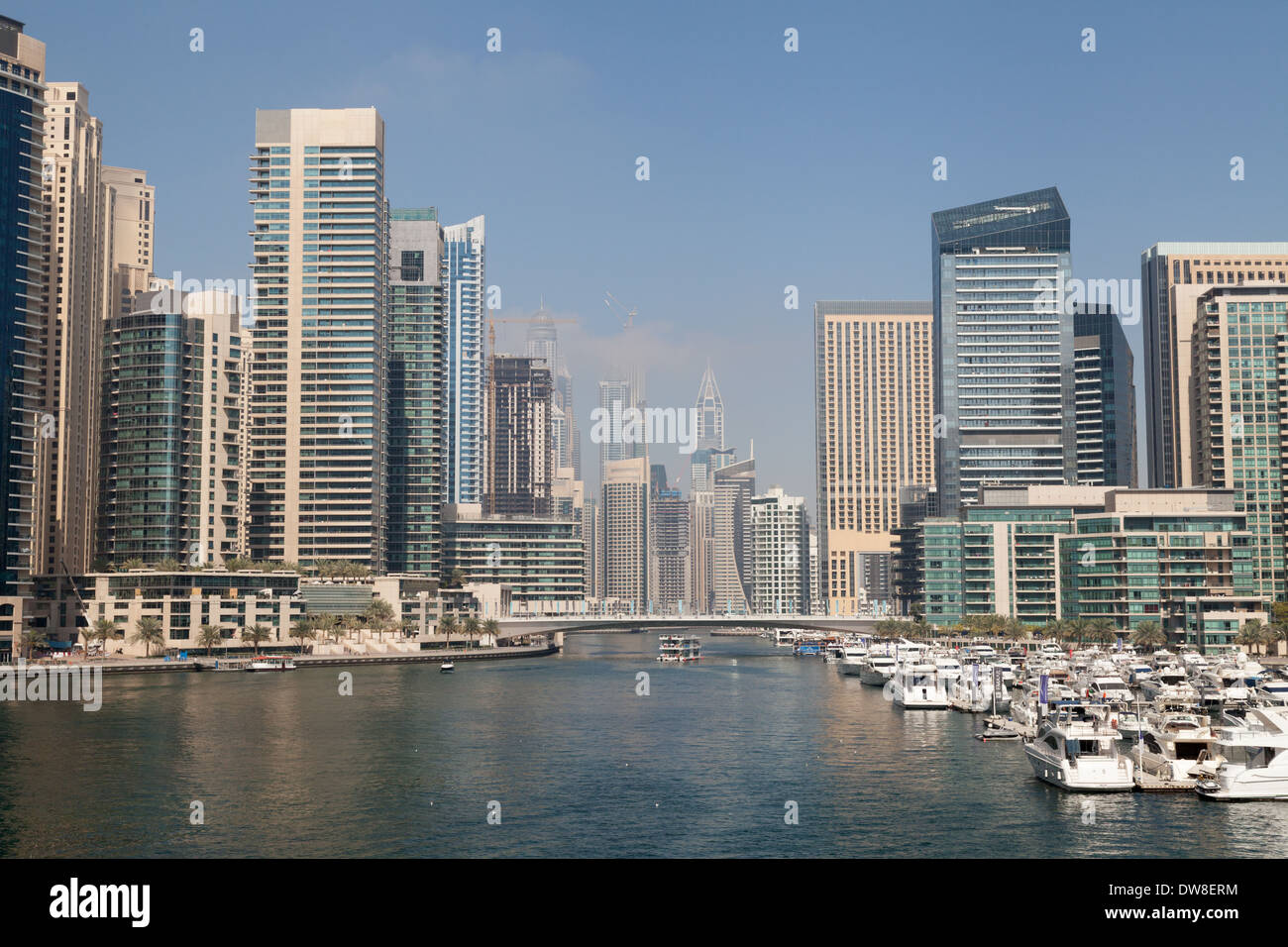 Dubai Marina, boats, modern skyscrapers and Dubai skyline, Dubai, UAE, United Arab Emirates, Middle East Stock Photo