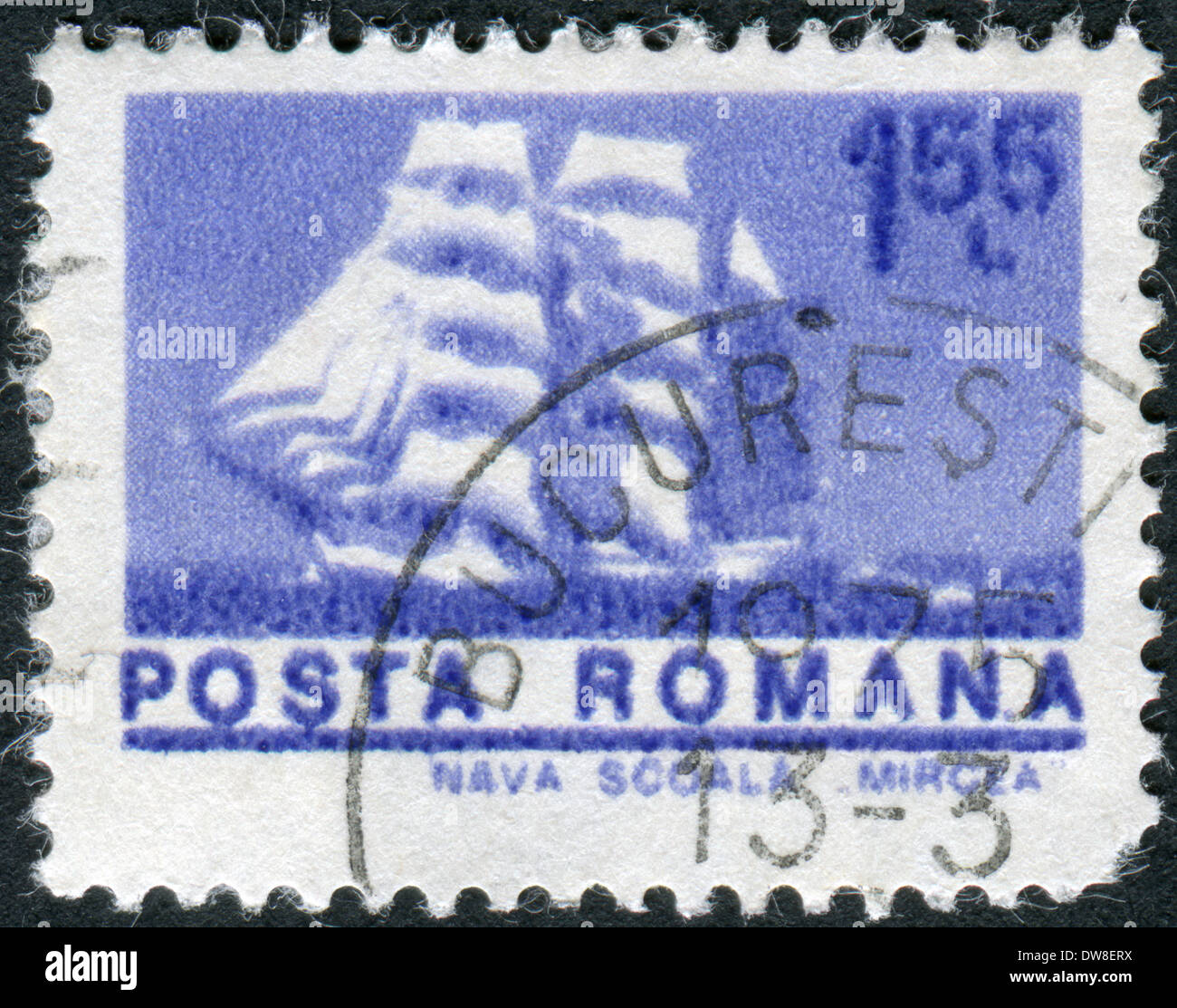 ROMANIA - CIRCA 1974: Postage stamp printed in Romania, shows a three-masted barque Mircea, circa 1974 Stock Photo