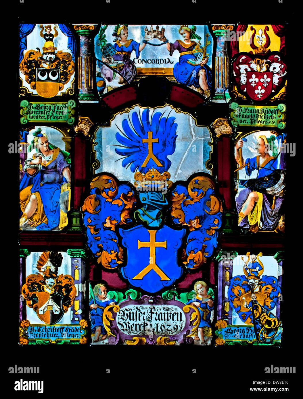 Stained glass window with the arms of the Oeuvre Note Dame Strasbourg 1629 Lorentz Lingck   France French Stock Photo