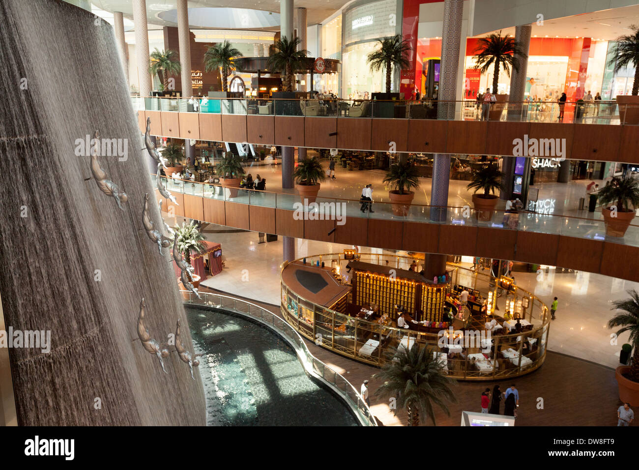 Dubai Mall waterfall and sculpture, Dubai, UAE, United Arab Emirates