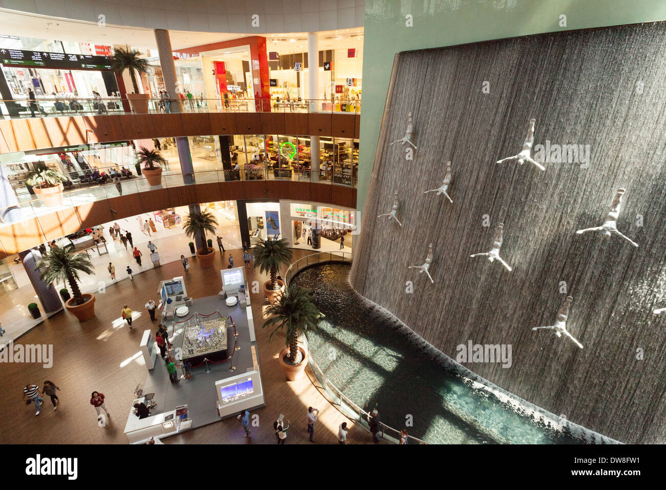 Dubai Mall waterfall and sculpture, Dubai, UAE, United Arab Emirates