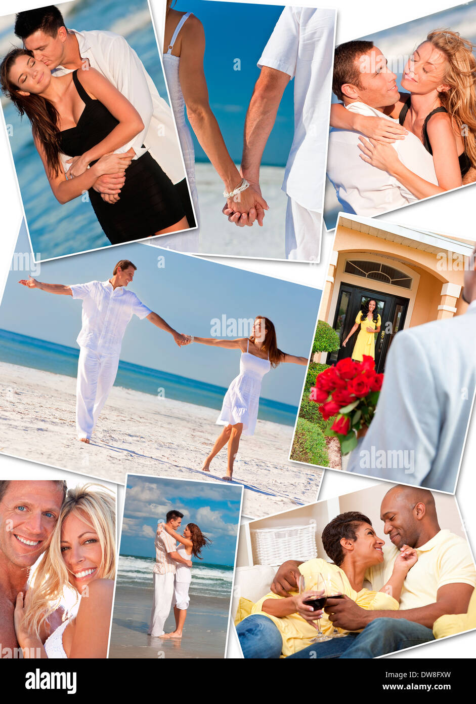 happy, romantic, interracial mixed race couples enjoying relaxing lifestyle, beach embracing, holding hands, drinking in love Stock Photo
