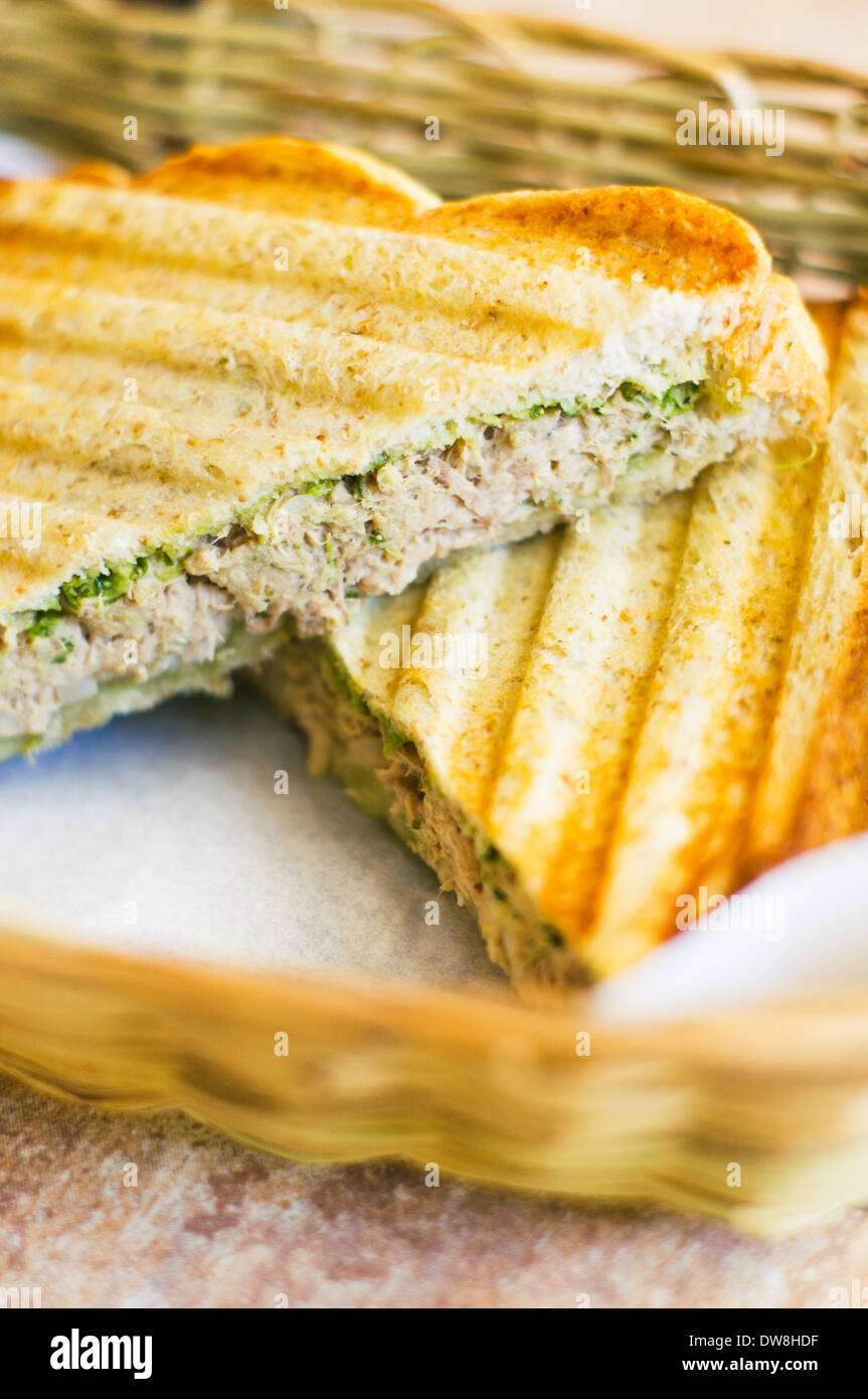 Close up of toasted tuna fish sandwiches for american breakfast. Stock Photo