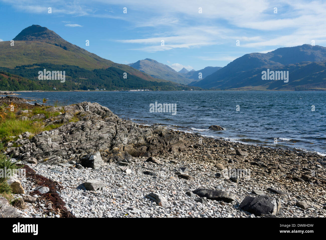 a landscape of inverie bay loch nevis knoydart on the west coast of scotland with a good foreground and a nice blue sky Stock Photo