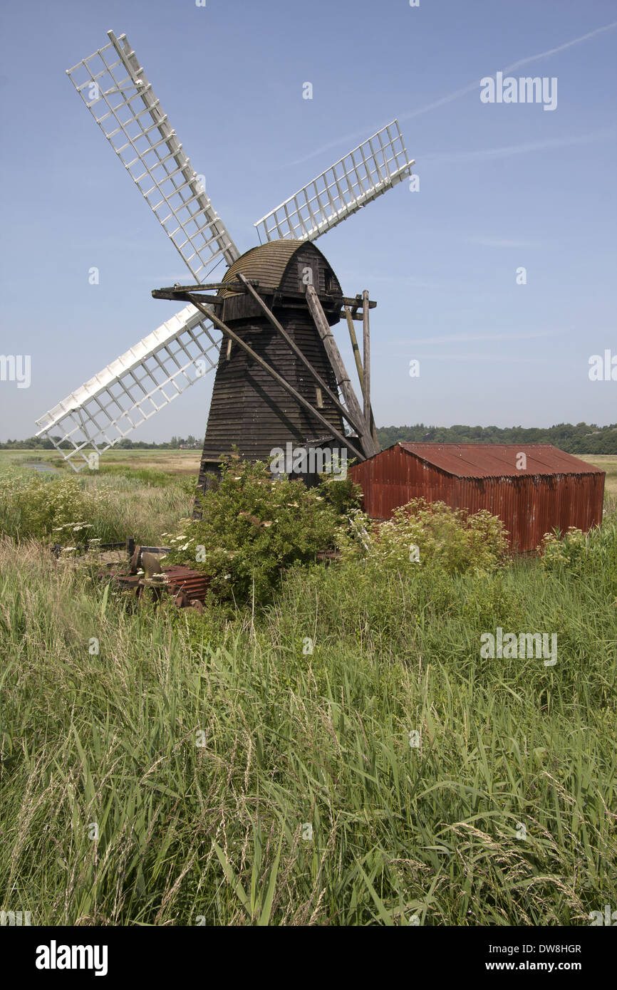 View of restored windpump in wetland Herringfleet Windpump (Walker's Mill) Herringfleet River Waveney The Broads N.P. Suffolk Stock Photo