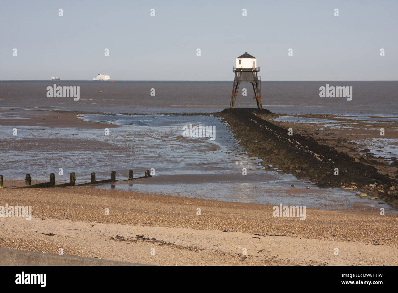 Victorian cast iron lighthouse on beach Dovercourt Harwich Essex England July Stock Photo