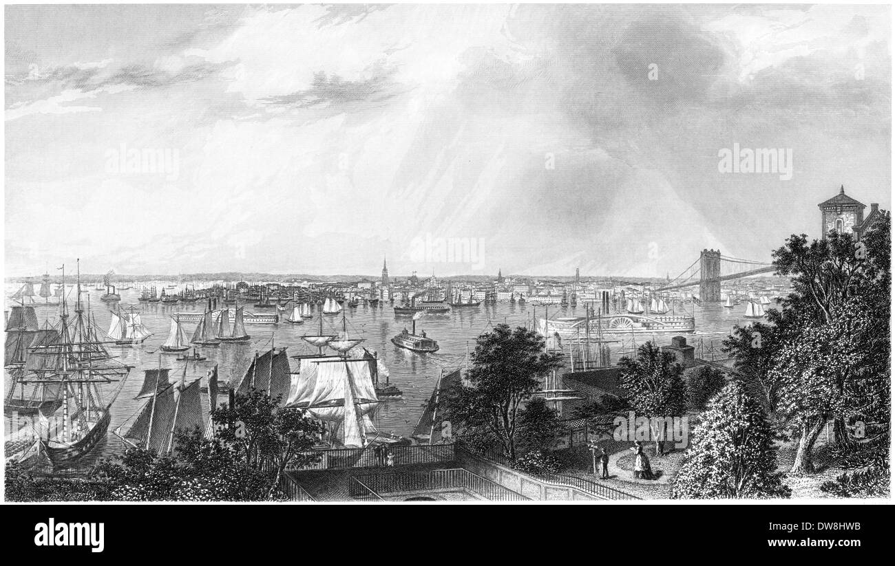 An engraving entitled 'City of New York from Brooklyn Heights' scanned at high resolution from a book published in 1874. Believed copyright free. Stock Photo