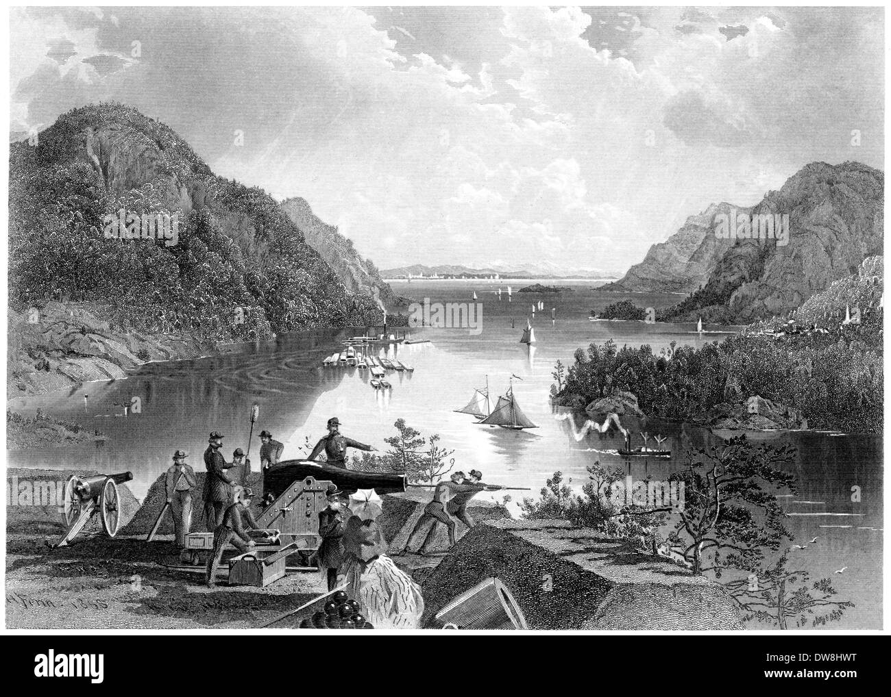 An engraving entitled 'West Point and the Highlands' scanned at high resolution from a book published in 1874. Believed copyright free. Stock Photo