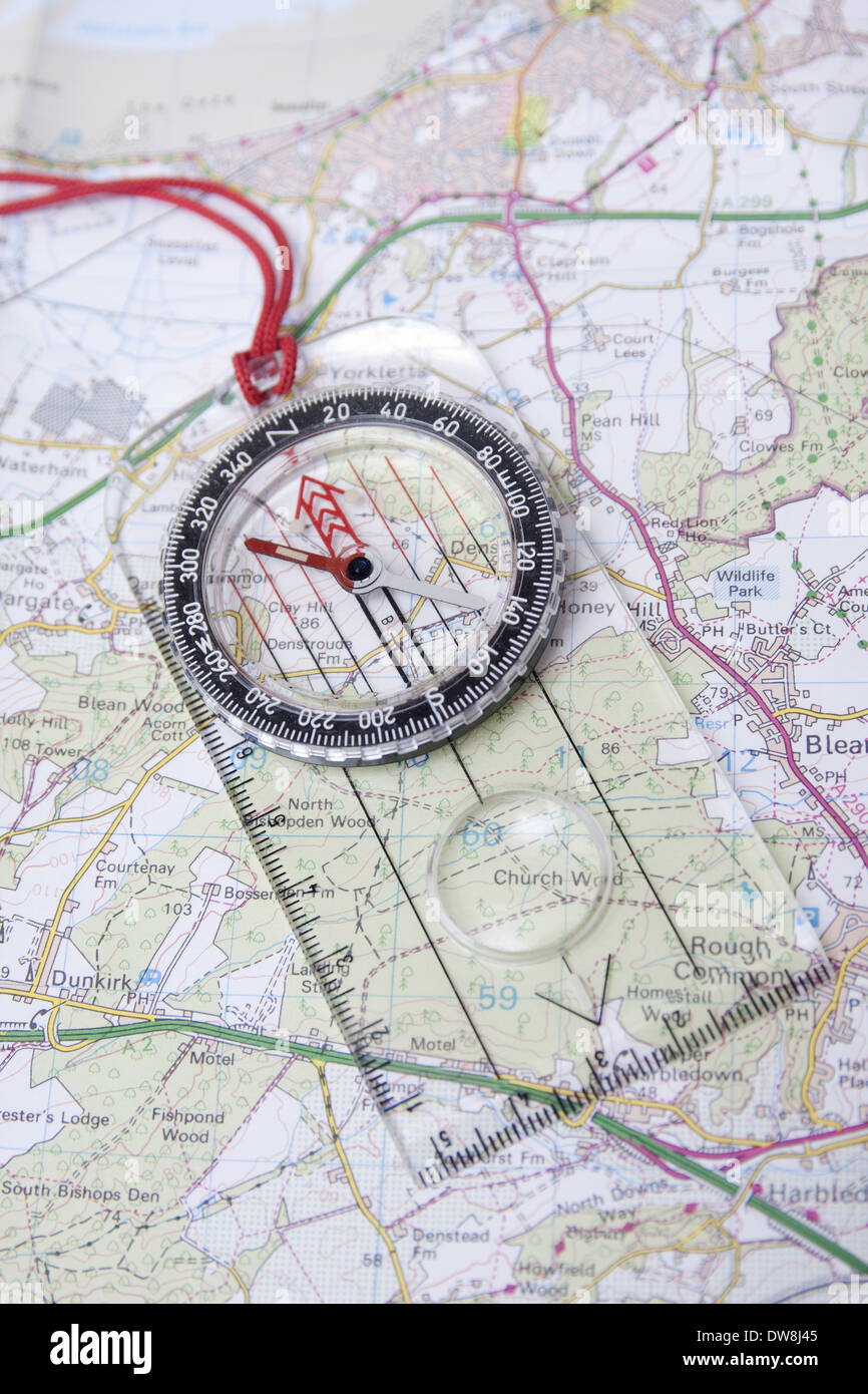 Compass on Ordnance Survey map of Kent England August Stock Photo