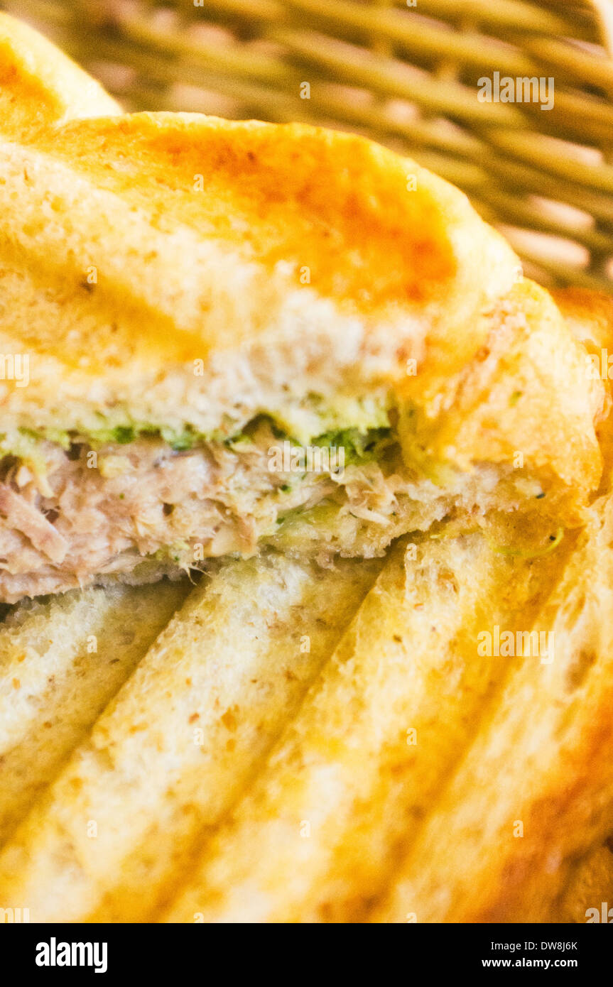 Close up of toasted tuna fish sandwiches for american breakfast. Stock Photo