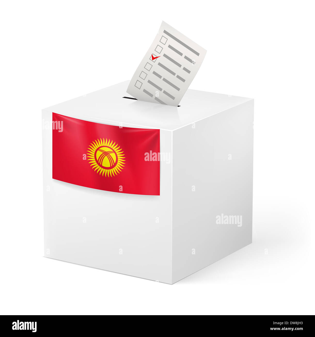 Election in Kyrgyzstan: ballot box with voting paper on white background Stock Photo